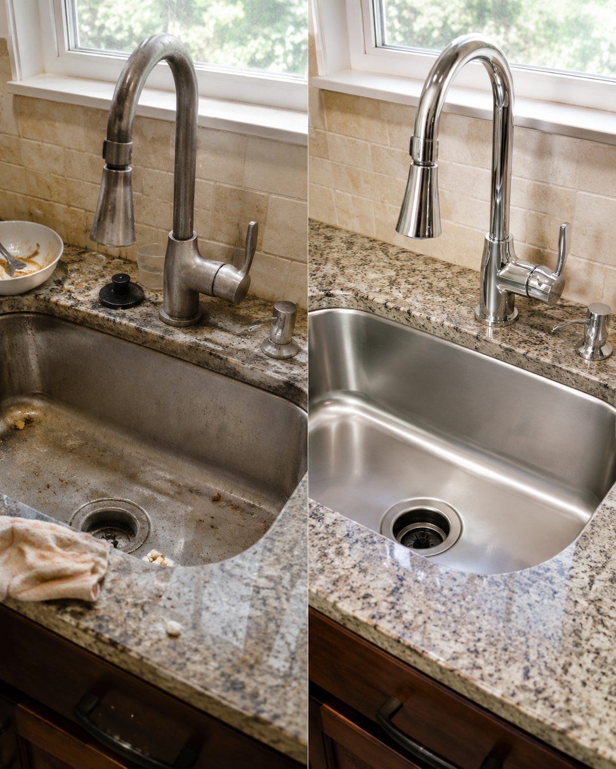 Kitchen sink and faucet before and after a deep cleaning in Kelowna