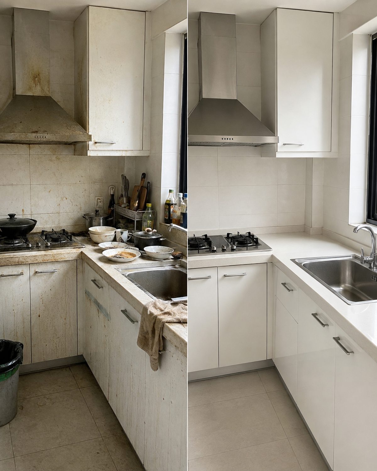 Kitchen counters, stove and cabinets before and after cleaning in Kelowna
