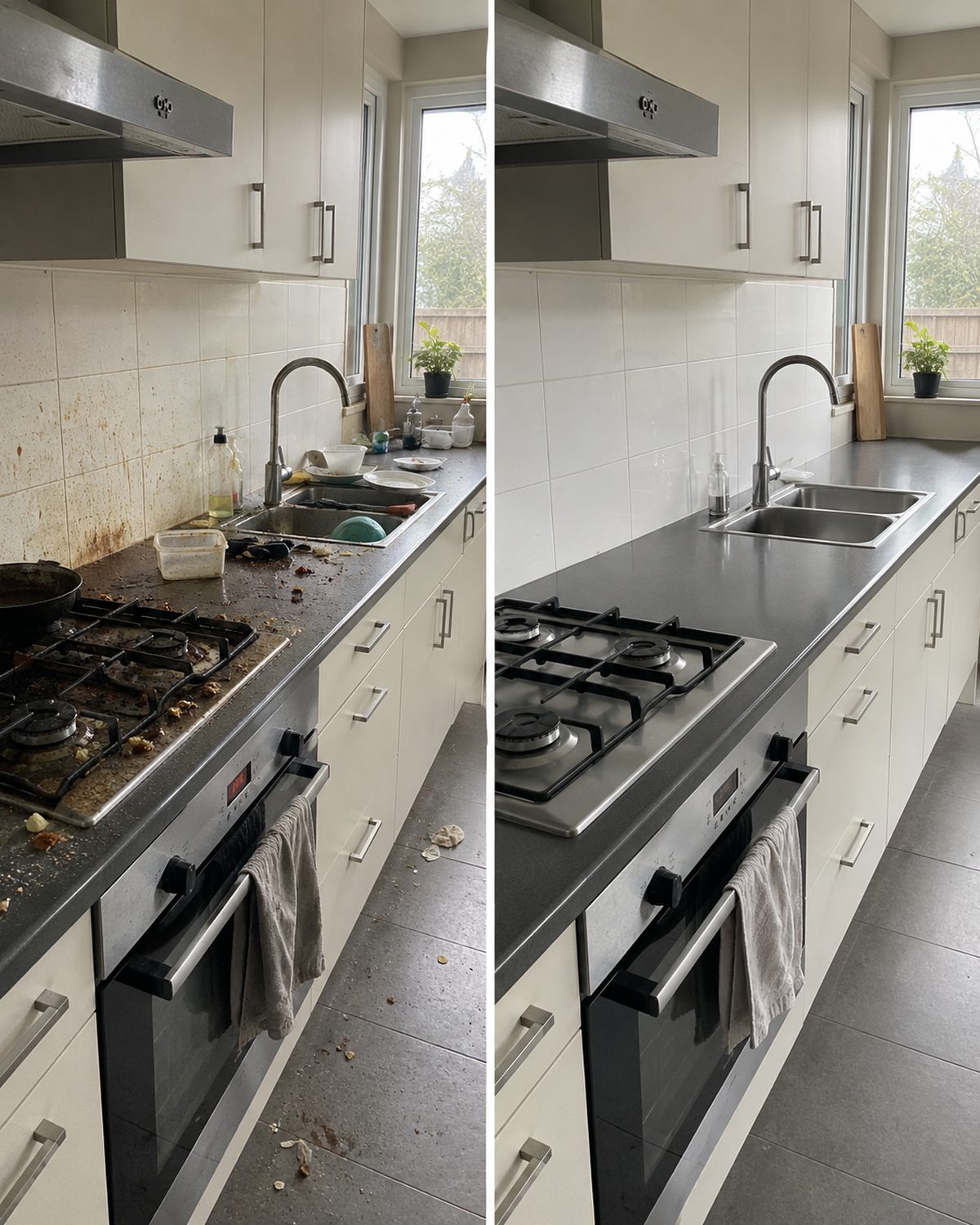 Kitchen countertop and stovetop before and after cleaning in Kelowna